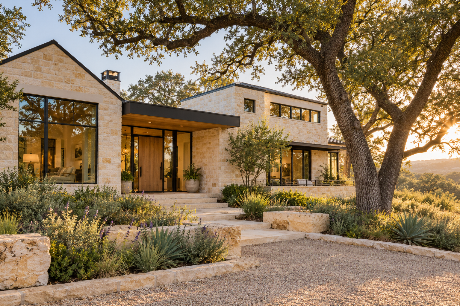 Modern limestone home shaded by oak trees in warm afternoon light